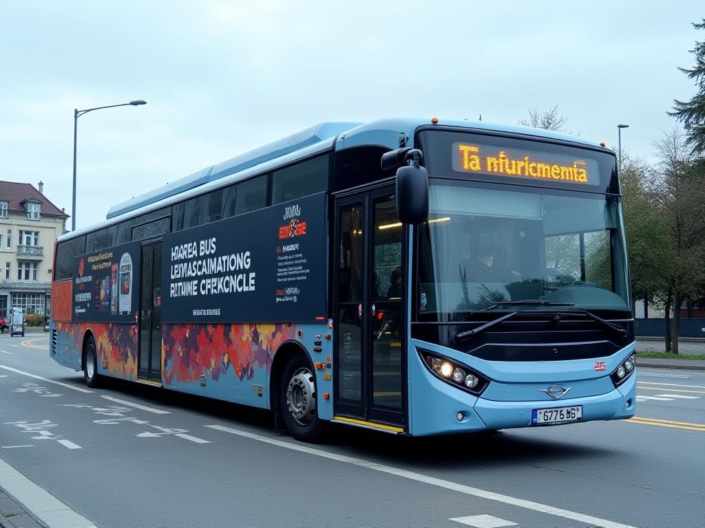 Modern bus with training banner
